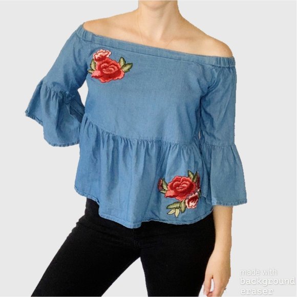 A.N.A. Denim Off the Shoulder Top Size Small - Picture 1 of 7